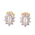 Sunflower stud earrings with clear oval center stone and purple zircon accents - Clear Main Stone Purple Side Stones Gold Base