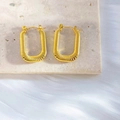 Textured gold U-shaped rectangular hoop earrings with a fine horizontal pattern - Rectangular Ribbed Pleated Style (EH1104)