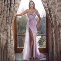 Sparkling purple sequin evening gown with high slit and irregular neckline design - S / Violet