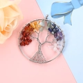Close-up of tree of life pendant with silver wire wrap and colorful chakra stones - 5cm Silver Scattered Root