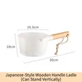 Detail showing dimensions of white plastic water ladle with wooden handle and hanging cord - Wooden Handle Water Ladle