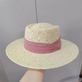 Flacher Strohhut in Beige mit elegantem breitem rosa Band für Damen im Sommer - Beiger Hut Mit Rosa Band