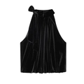 Elegant black velvet halter top with a large bow tie design against a white background - XS / Black