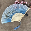 Blue gradient folding fan with plum blossom and butterfly patterns and blue tassel - No.28 Blue Gradient Plum Butterfly
