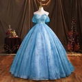 Elegant blue sequin ball gown with off-the-shoulder neckline and beaded embroidery - Blue