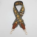 Detail of bohemian embroidery on adjustable canvas strap with gold metal lobster hooks - Silver Hook / Light Brown + Brown Leather