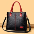 Black PU leather handbag with red straps and stylish embossed letters for women - Upgrade Version / Red