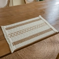 Boho woven cotton placemat featuring brown geometric patterns and elegant fringed edges - Yellow Rhombus Striped