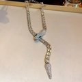Silver-toned snake necklace with green crystal eyes and clear stones on Cuban chain - 48# Necklace - Silver - Snake Rhinestone Green Eye Cuban
