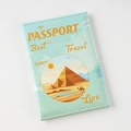 Detail of light blue PU leather passport holder with UV printed desert landscape design - Light Blue