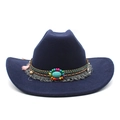 Détail d'un chapeau de cowboy bleu foncé avec bande perlée ethnique, turquoise et franges - M (56-58cm) / Bleu marine
