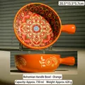 Bohemian style orange ceramic handle bowl with colorful mandala pattern and 730ml capacity - Bohemian Bowl with Handle / Orange
