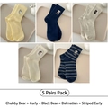 5-pack embroidered cotton mid-calf socks featuring cute dog and bear patterns - 5 Pairs - Fat Bear + Poodle + Black Bear + Dalmatian + Striped Poodle
