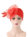 Elegant red turban hat with large mesh flower, feathers and pearls for women - One Size / Large Mesh Flower Feather Style / Red