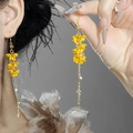 Elegant yellow flower earrings with long gold chain tassels shown on model and hand - 3# Ear Hook-Gold-Yellow