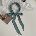 Elegant green silk satin skinny scarf tied in a bow on a clean minimalist background - 200cm / Fruit Grey