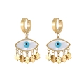 Gold stainless steel hoop earrings with cat-eye devil eye and lucky clover charms - Evil Eye Clover Charm Style (E1271-GO)