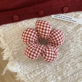 Sweet red and white gingham checkered flower scrunchie on a soft beige background - Red Grid