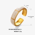 Bamboo style stainless steel open ring with cream marble enamel inlay and gold finish - White Bamboo Style