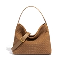 Brown woven leather Hobo bag with gold buckle and adjustable shoulder strap - Brown (Extended Handle)