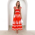 Women's bright orange floral maxi beach dress with strappy shoulders and side pockets - S / Red