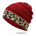 Burgundy knitted beanie for women featuring a leopard print cuff for winter warmth - One Size / Burgundy