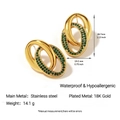 Gold stainless steel double hoop earrings with green gemstone, waterproof and hypoallergenic - Double Oval with Green Stone Accented Style (YE37_1)