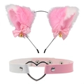 Serre-tête oreilles de chat rose et blanc avec collier assorti et pendentif coeur - Ensemble Choker Rose Et Blanc / Rose et Blanc