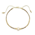 Handmade bohemian beaded bracelet with white pearl and adjustable woven rope on white background - Creamy White (SL159)