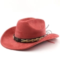 Detail of red suede western cowboy hat with black decorative band and bull head emblem - M (56-58cm) / Brick Red