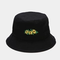 Close-up of a black cotton bucket hat featuring detailed yellow sunflower embroidery - Black