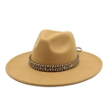 Detail of camel wool felt fedora featuring a colorful bohemian braided band and flat brim - M (56-58cm) / Camel