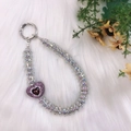 Luxury silver phone chain with shimmering rhinestones and a purple heart charm - Deep Purple Large Stone Heart