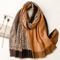 Soft leopard print color-block scarf with fringe tassels and warm earthy tones - Khaki