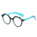 Retro polygon sunglasses with blue and brown tortoiseshell frames in 45-degree side view - Blue Floral Frame