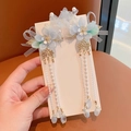 Light blue and white floral hair clips with pearl tassels for girls Hanfu outfit - Mengyaoyalan Blue Pearl