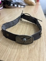 Dark brown leather belt with vintage metal bull head buckle and star studs on wood - 56-58cm / Dark Brown Embossed Bull Head Star Studded Belt (AB93)
