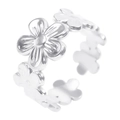 Macro detail of silver adjustable open ring featuring polished five-petal floral patterns - Steel