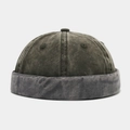 Detail of vintage washed fabric texture and rolled brim on the olive green docker cap - Adjustable / Army Green Patchwork Dark Grey