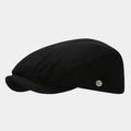 Classic black cotton newsboy cap with silver metal emblem in a 45-degree side view profile - Adjustable / Black