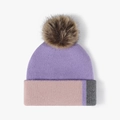 Knitted winter beanie in purple and grey color block with a faux fur pompom detail - Adjustable / Purple