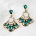 Vintage fan-shaped earrings with antique gold finish and emerald green gemstones - Dark Green