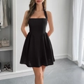 Elegant black halter mini dress in A-line silhouette for a sophisticated summer look - S / Black