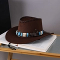 Detail of dark brown faux suede cowboy hat with vintage turquoise bead band and metal eyelets - Adult (55-60cm) / Coffee