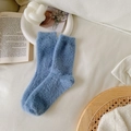 Cozy fuzzy blue crew socks in faux mink velvet with soft warm texture for winter - One Size / Sky Blue