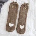 Plush brown coral fleece socks featuring cute cat ears and white heart pattern design - One Size / Coffee