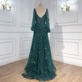 Deep V-neck emerald green evening gown with heavy beadwork and sparkling tassels - S / Dresses / Green