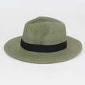Γυναικείο ψάθινο καπέλο fedora σε λαδί χρώμα με μαύρη κορδέλα για αντηλιακή προστασία - Γκρι Πράσινο