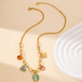 Collier chic en acier inoxydable avec breloques cœur et étoile colorées sur chaîne dorée - Collier à Breloques Multiples