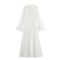 Elegant white lace dress with flared sleeves and pearl button collar detail on white background - XS / White
